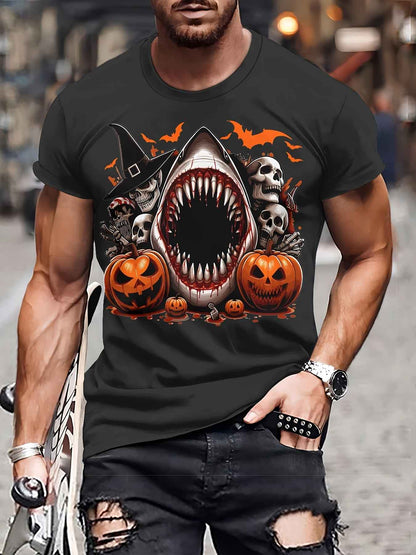 Men's 3D Shark & Halloween Pumpkin T-Shirt - Casual Polyester Graphic Tee