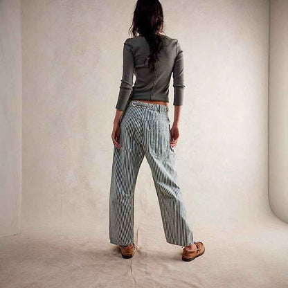 Fashion Commuter Casual Loose Wide Leg Striped Stitching Drawstring Pocket Trousers