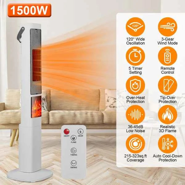 Fast Heating Oscillating Space Heater - 120° Wide Angle 30% Faster Warmth, 3D Flame, 5 Timer & Remote Control, Safe Quiet Heater For Bedroom Office