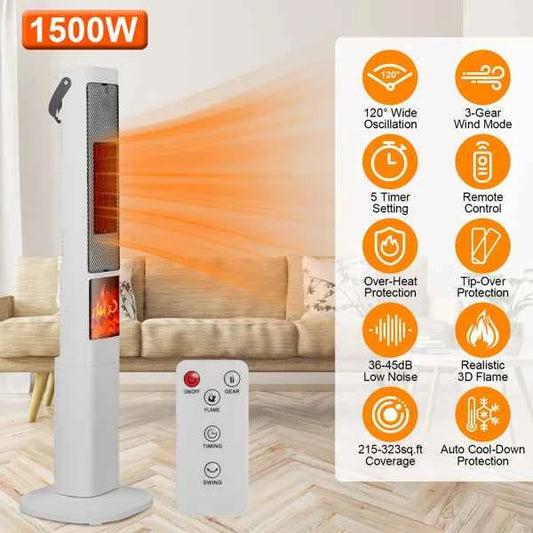 Fast Heating Oscillating Space Heater - 120° Wide Angle 30% Faster Warmth, 3D Flame, 5 Timer & Remote Control, Safe Quiet Heater For Bedroom Office