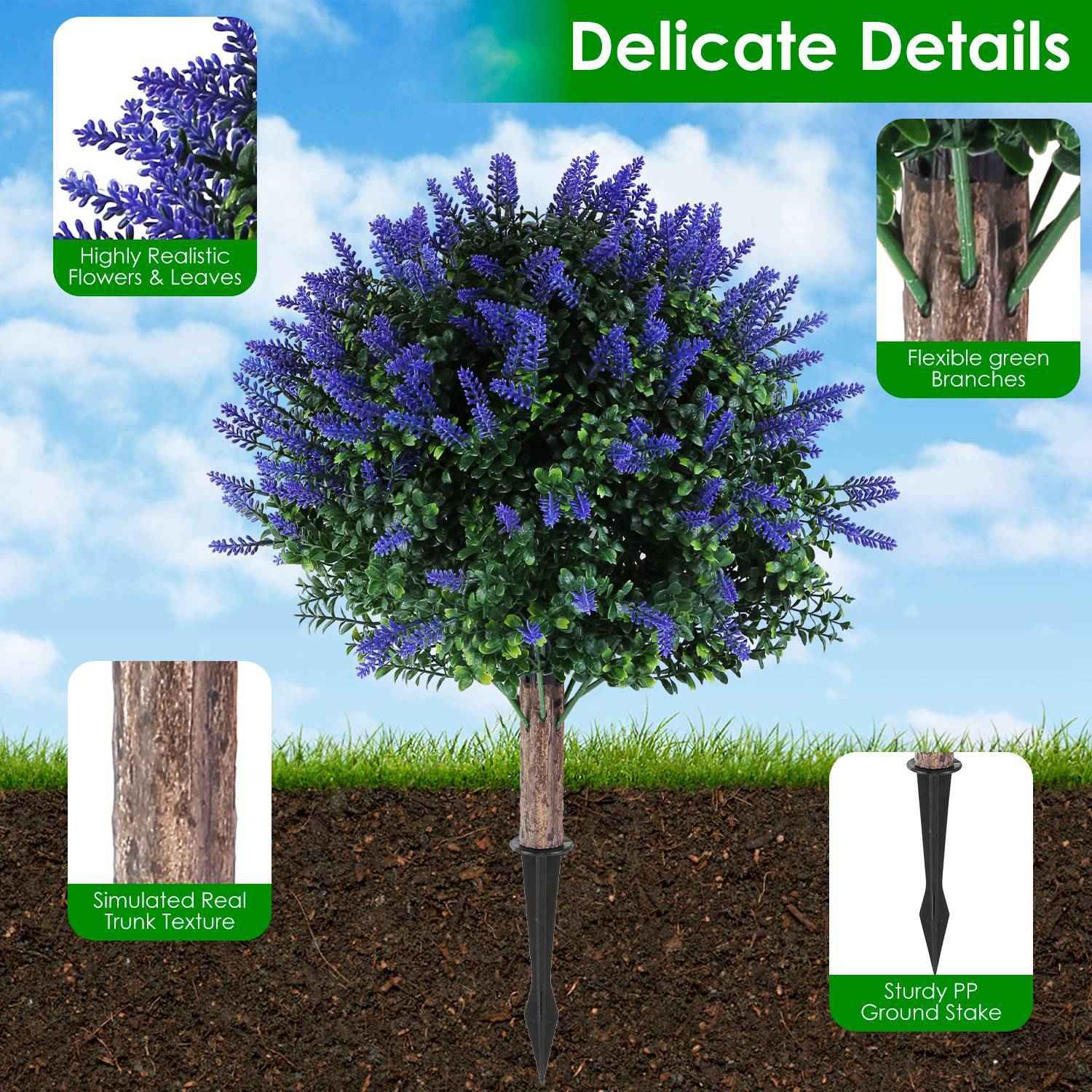 2 Packs Artificial Lavender Topiary Ball Trees - UV Resistant with Ground Spike - DropOnline.co