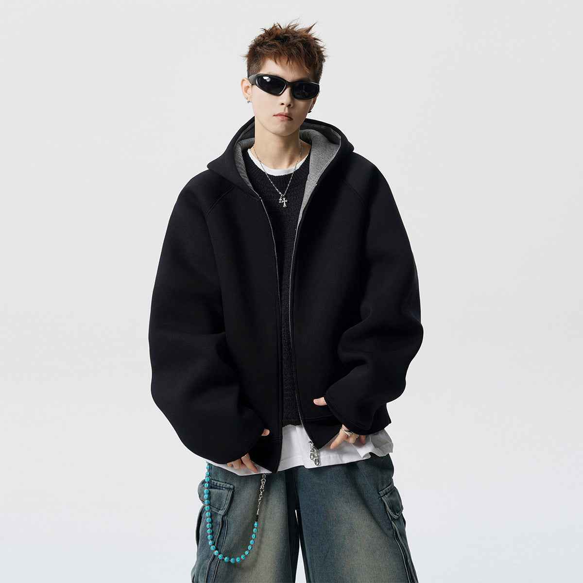 American Contrast Color Zipper Hooded Cardigan Sweater