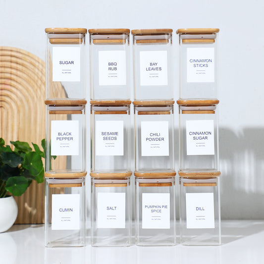 Square Spice Jars Set - 12 Piece with 72 Labels for Coffee, Tea & Kitchen Seasonings