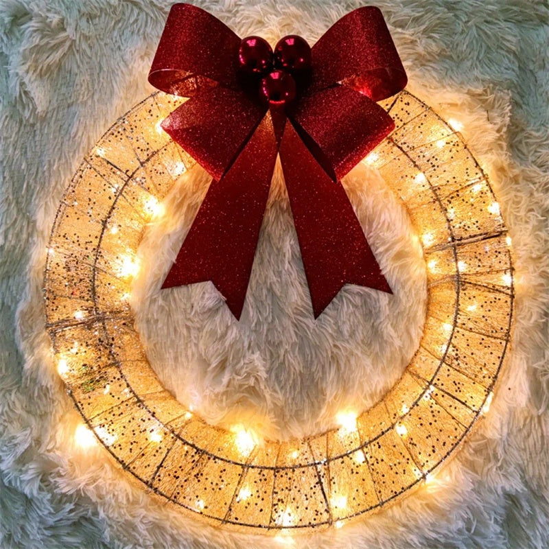 Christmas LED Wreath 50cm - Luminous Metal Garland with Bow & Warm Lights for Front Door