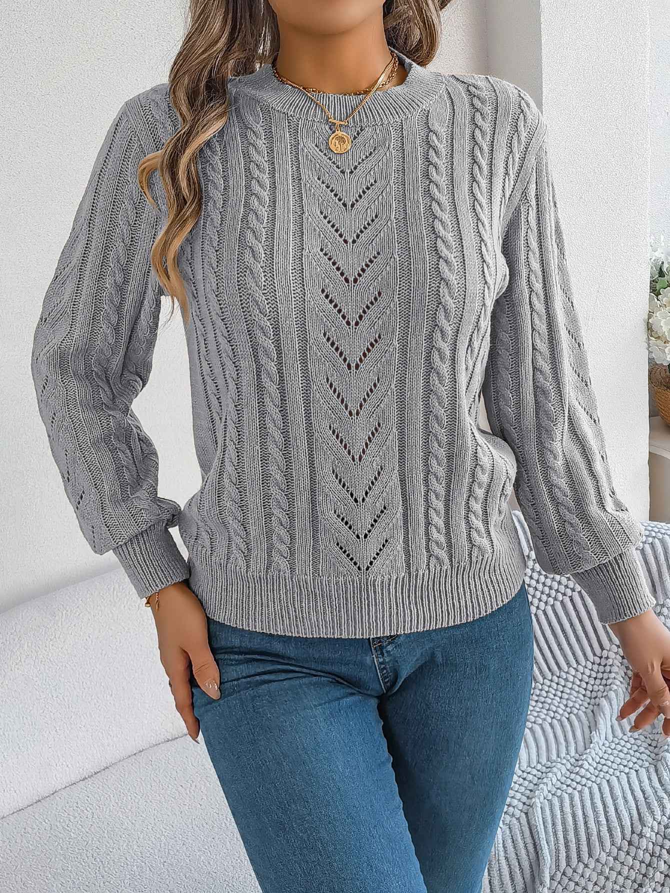 Women Casual Solid Color Hollow Out Lantern Sleeve Pullover Sweater