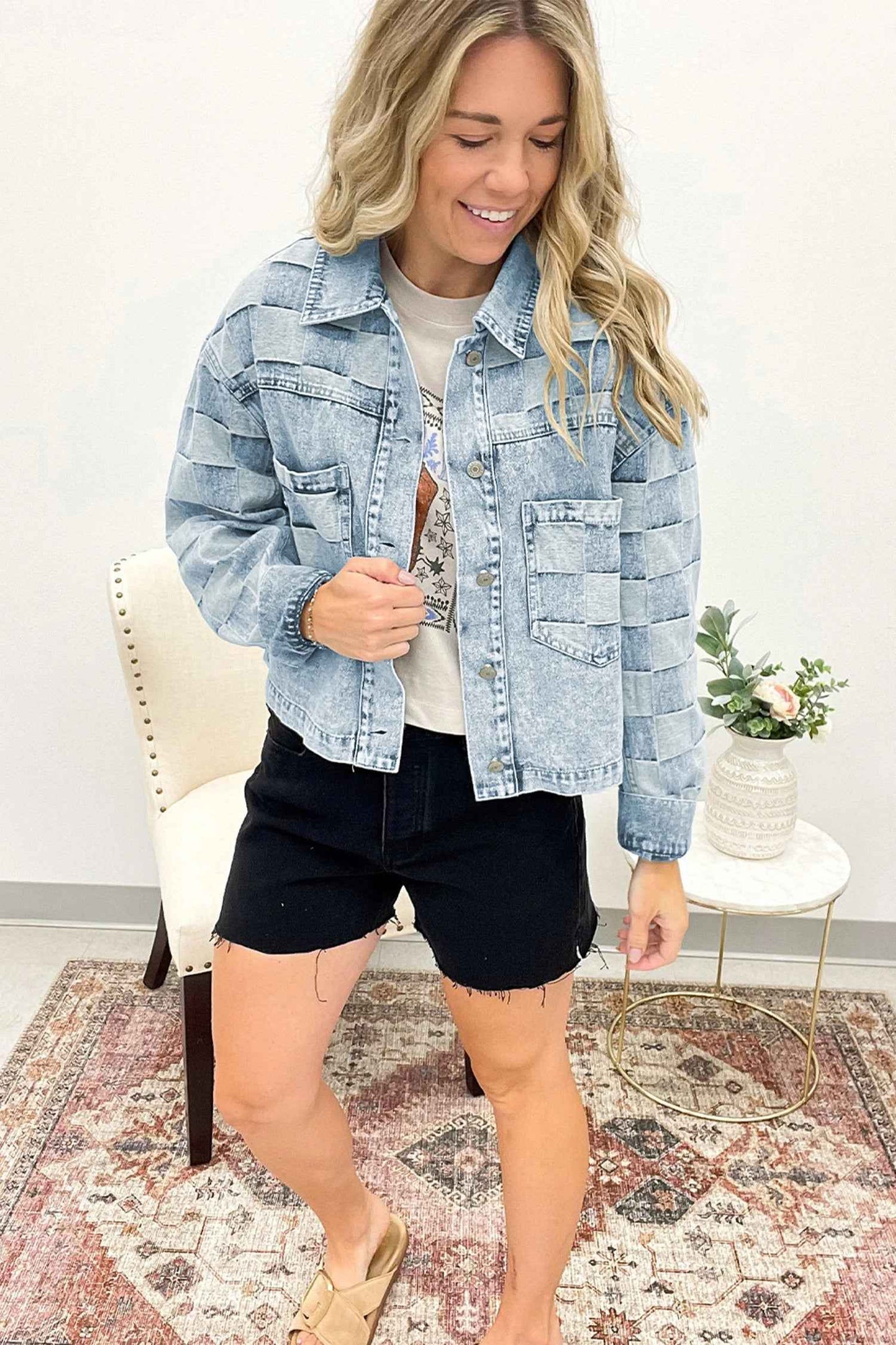 Women's Loose Casual Checkered Denim Jacket