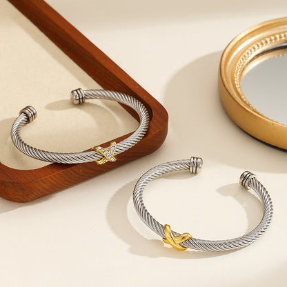 1PCS Fashionable Personalized 8-character Cross Steel Wire Bracelet,Open Bracelet, Simple Versatile Trendy Diamond Bracelet, Suitable For Men And Women To Wear, Holiday Jewelry Gift - DropOnline.co