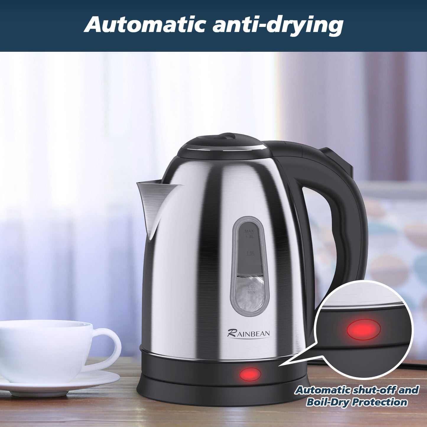 Electric Water Kettle - 1.8L Tea Coffee Boiler with Auto Shut-Off & Boil Dry Protection