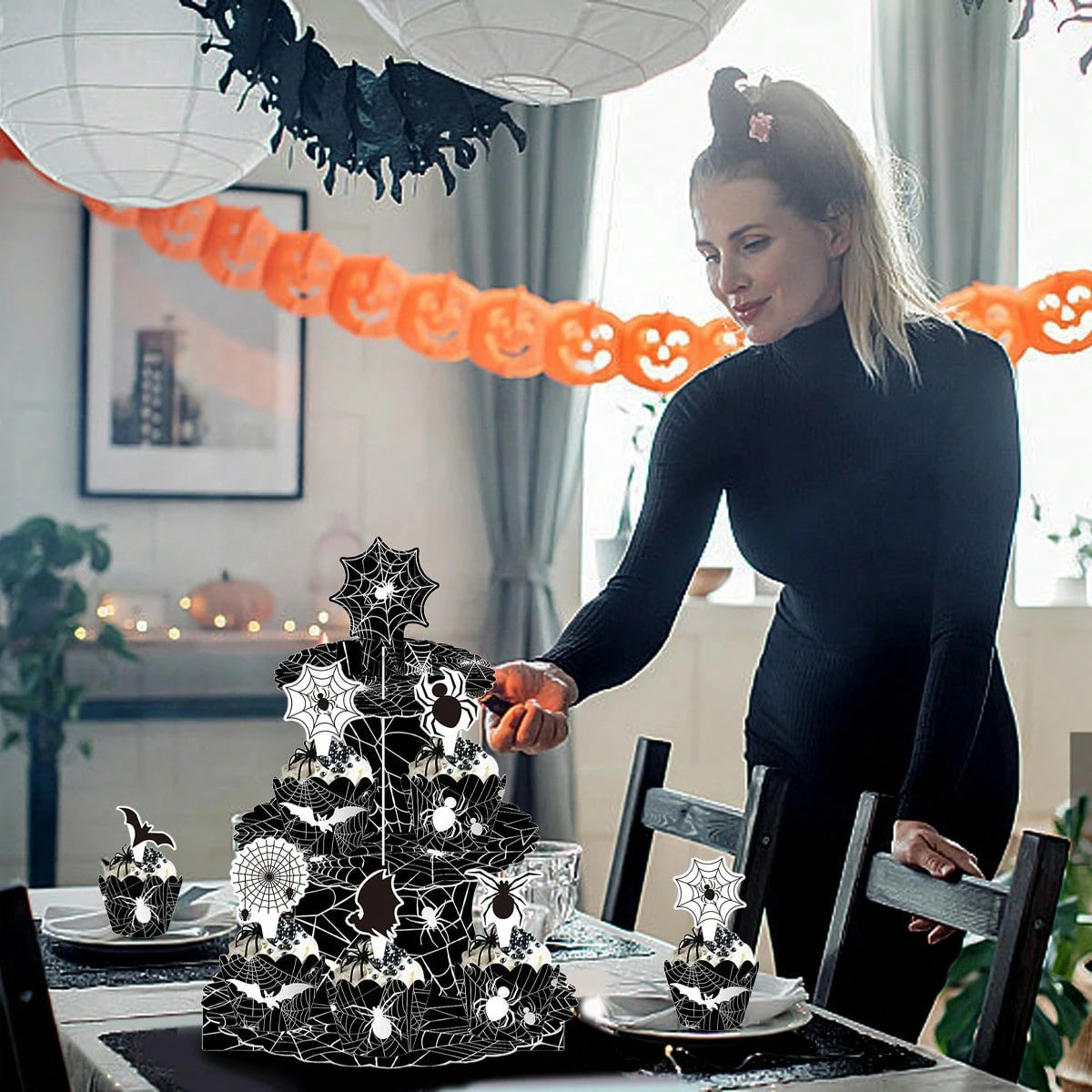 Halloween Three-Tier Cupcake Stand - Spider Web Design with Decorations