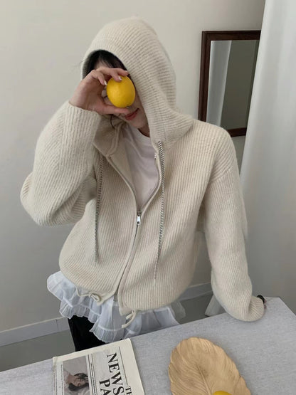 Double Zipper Hooded Knitted Niche Sweater Coat