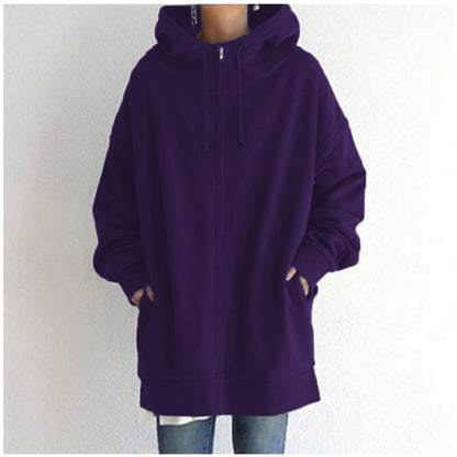 Women's Oversized Hooded Zip-Up Sweatshirt - Velvet-Lined Long Coat - DropOnline.co