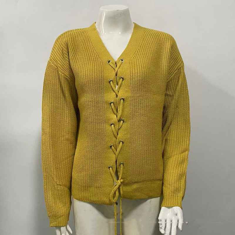 Solid Color And V-neck Hollow Out Tied Knitted Sweater