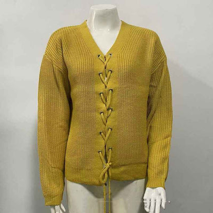 Solid Color And V-neck Hollow Out Tied Knitted Sweater