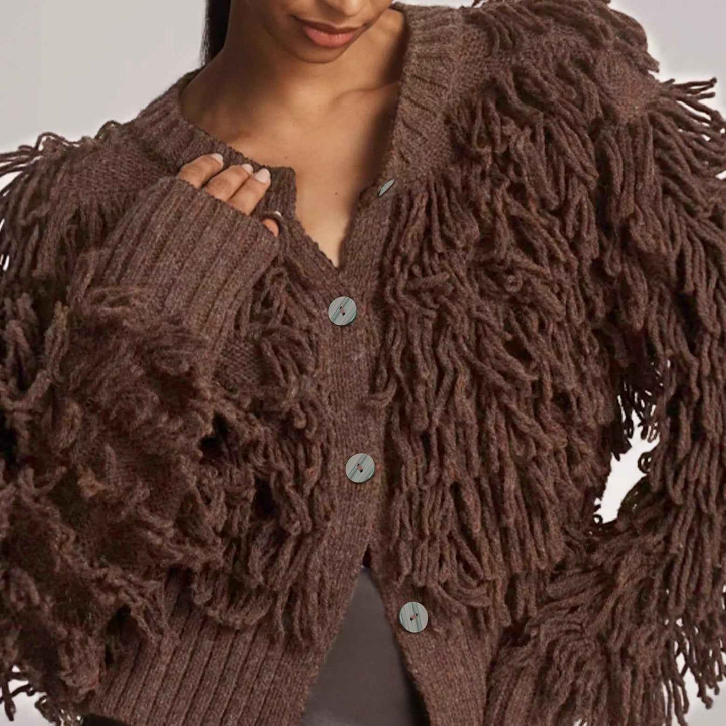 Women's Knit Cardigan Button Loop Fringe Sweater