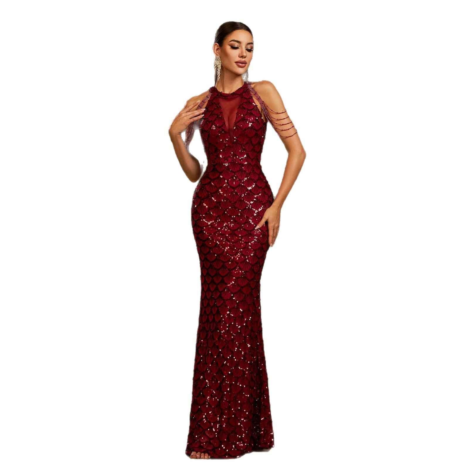 Elegant Sleeveless Round Neck Sequins Slim Sheath Banquet Fishtail Dress