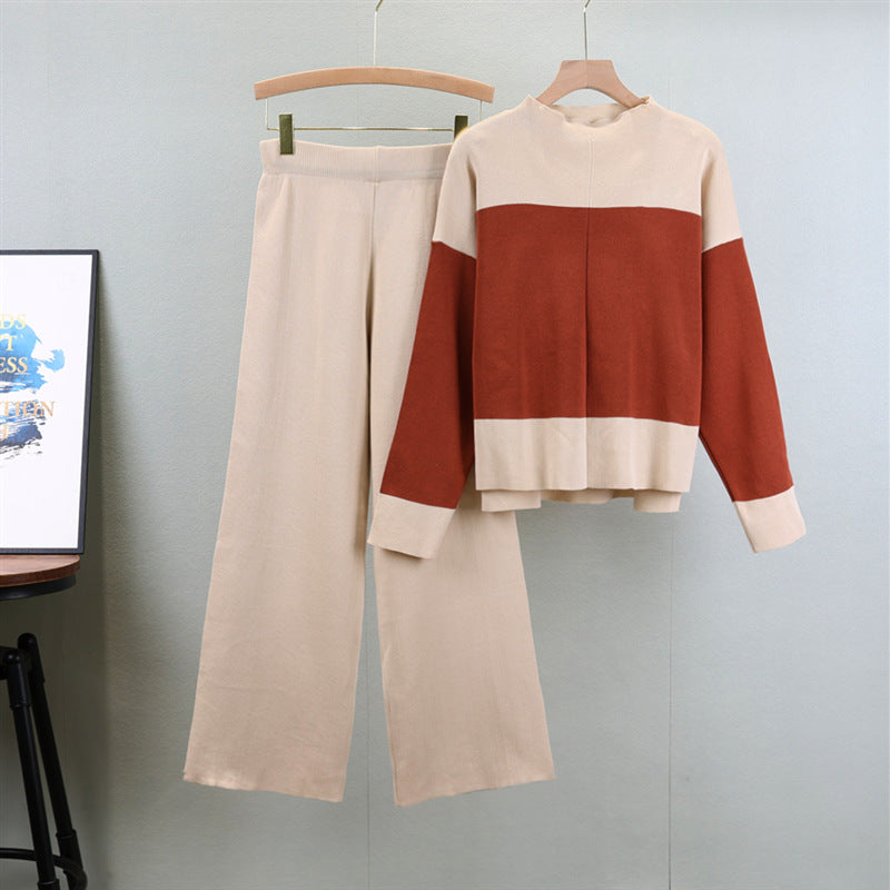 Loose Color-Blocked Sweater and Wide-Leg Pants Set - Trendy Two-Piece Outfit