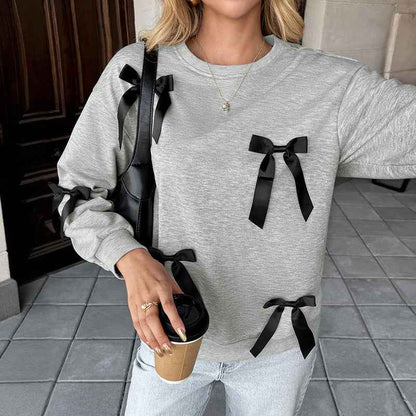 Bow Decoration Gray Round-collar Sweater For Women