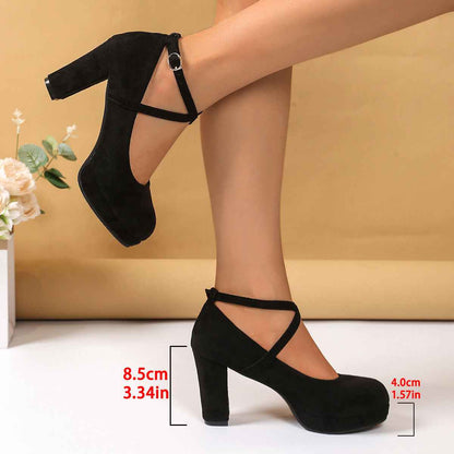 Shallow High-heel Chunky Heel Suede Cross-strap Women's Shoes