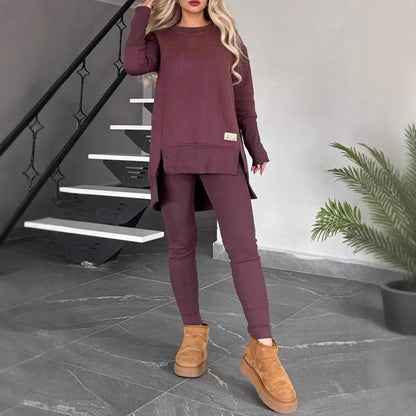 Women's Slit Long Sleeve Top And Trousers Suit - DropOnline.co