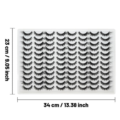 Tray of 3D false eyelashes in multiple layers, realistic look, soft and comfortable, arranged in rows.