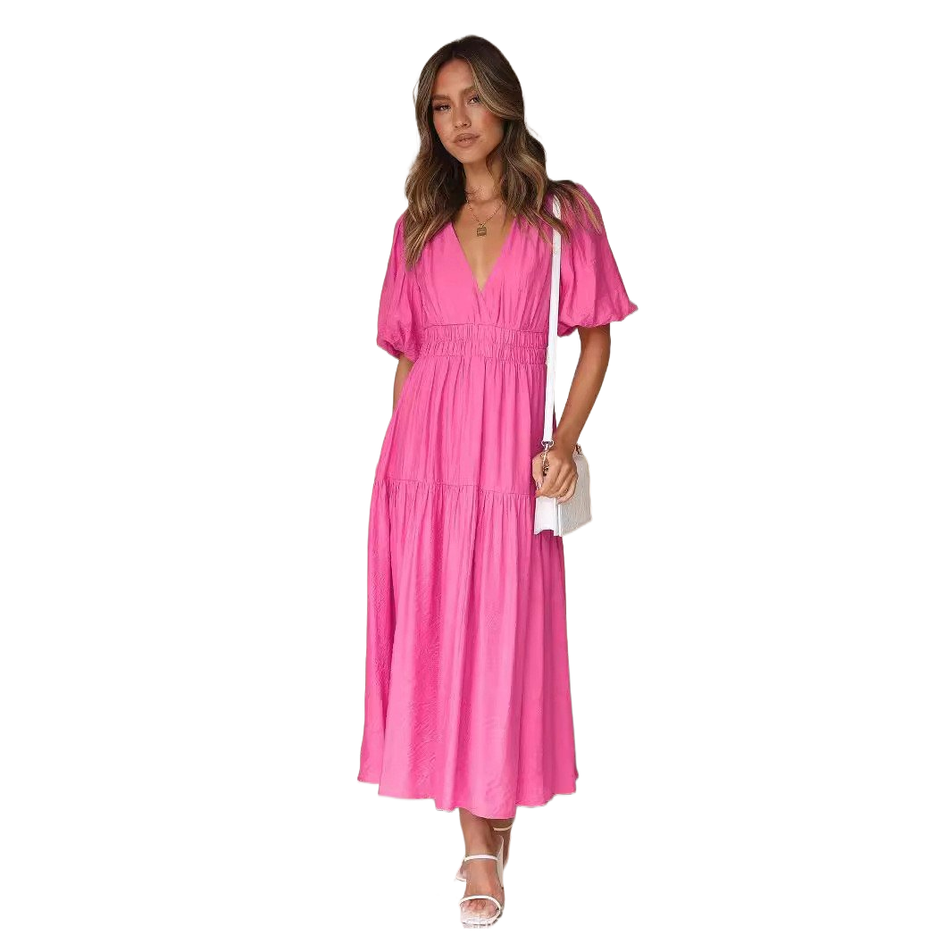 Deep V Puffed Sleeve Vacation Dress - Romantic Resort Style for Women