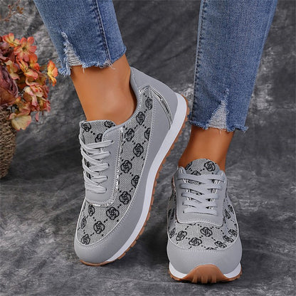 Flower Print Lace-up Sneakers Casual Fashion Lightweight Breathable Walking Running Sports Shoes Women Flats - DropOnline.co