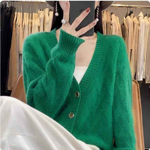 V-neck Long-sleeved Knitted Cardigan Simple And Loose-fitting Sweater Coat