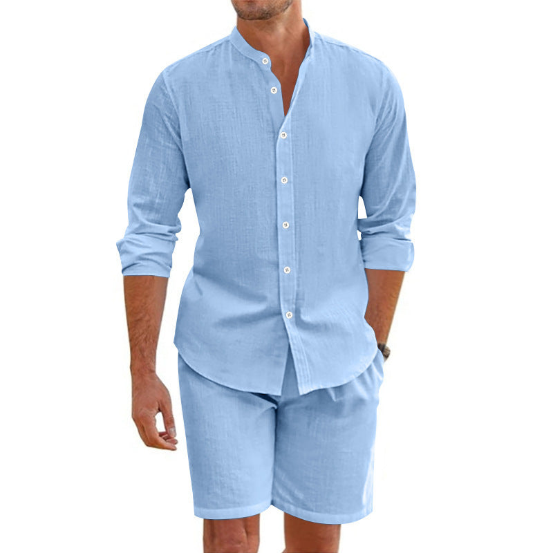 Men's Summer Short Shirt Suit Set - Beach Clothing with Drawstring Shorts