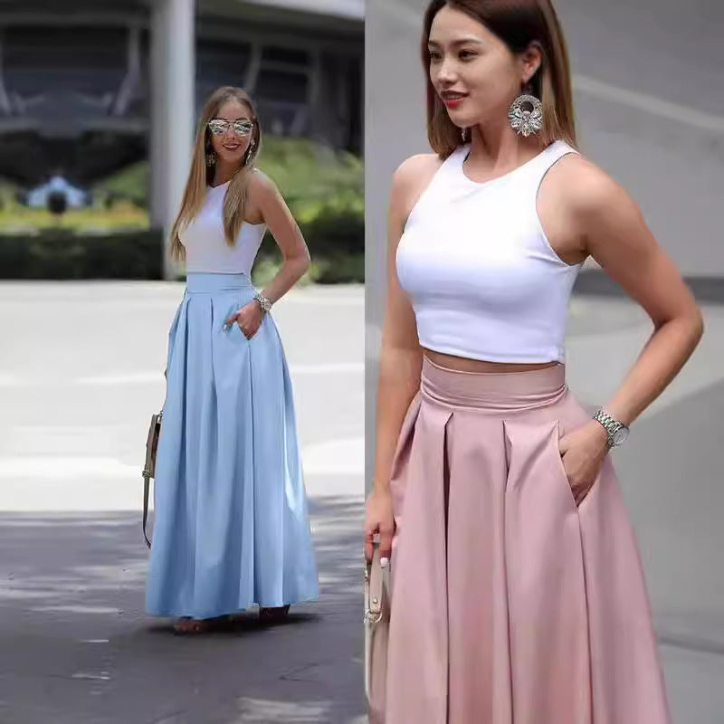 Women's High Waist Pleated Long Skirt - Elegant A-Line Design