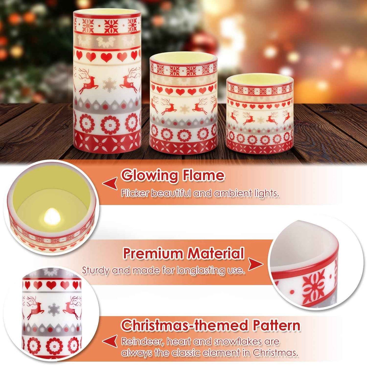 3Pack Christmas Flameless LED Candles - Deer Flickering Pillar with Remote Control - DropOnline.co