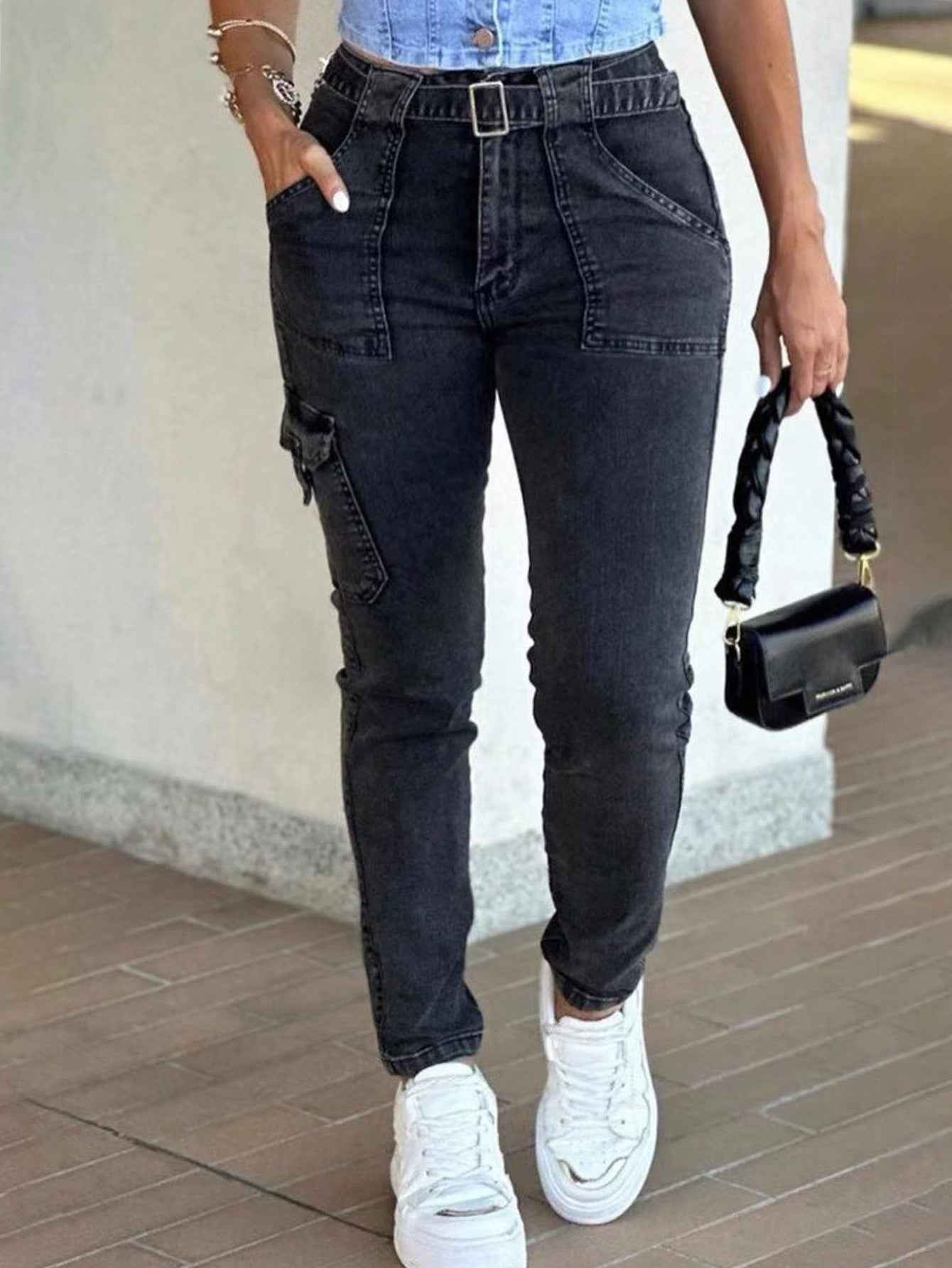 Women's Jeans Leisure Washed-out Slim-fit Solid Color Workwear Denim