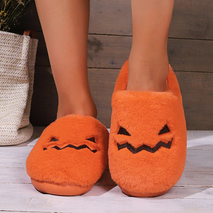 Cute Halloween Pumpkin Slippers Winter Warm Plush Bedroom Floor Home Slippers Casual Slip On Comfortable Cozy Indoor House Shoes - DropOnline.co