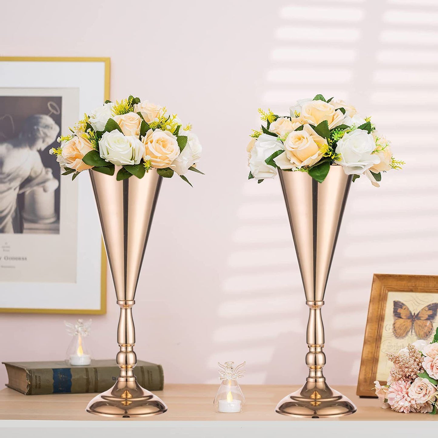 Golden Vase Flower Wedding Centerpieces For Tables 14 In Tall Flower Display Stand Wedding Metal Flower Arrangement Stand Trumpet Vase Tabletop Stand For Home Anniversary Ceremony Party
