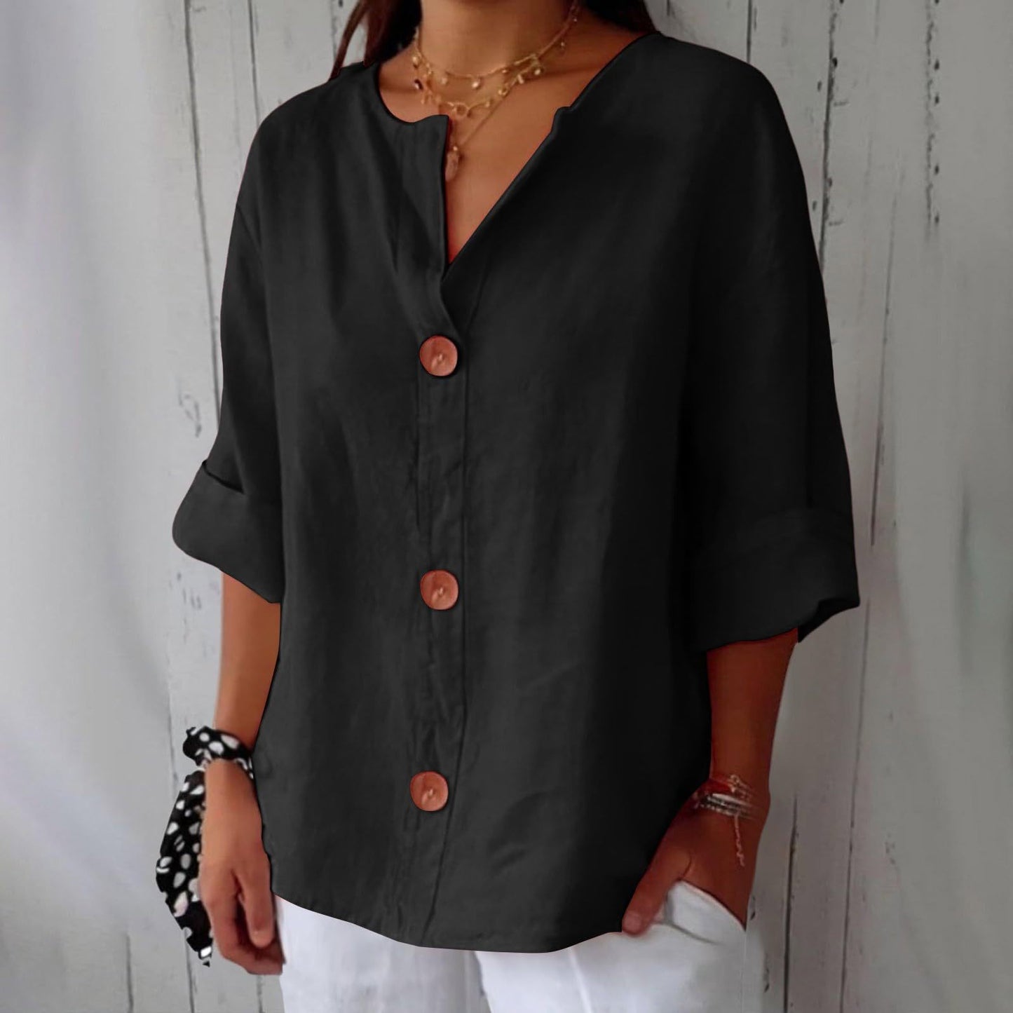 Loose V-Neck Cotton and Linen Button Top - Women's Casual Comfort Style