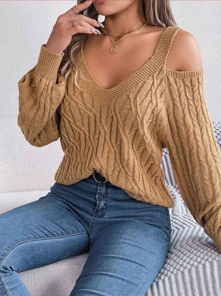 Women Casual Solid Color Cable Knit Off-Shoulder Lantern Sleeve Sweater