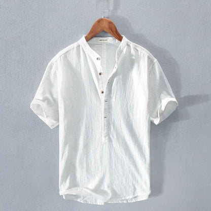 Men's Stand Collar Ice Silk Linen T-Shirt - Japanese Style Short Sleeve
