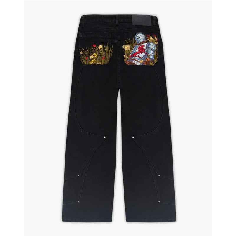 Black Jeans With Embroidered Silver Knight Armor
