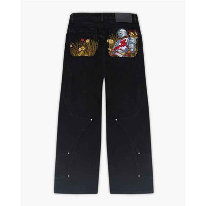 Black Jeans With Embroidered Silver Knight Armor