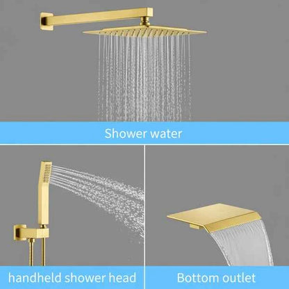 Rain Shower System Brushed Gold Tub Shower Faucet Set 10 Inch Square Rainfall Shower Head With Handheld Sprayer And Waterfall Tub Spout[Unable Ship Weekends, TK/TEMU Only For Pickup]