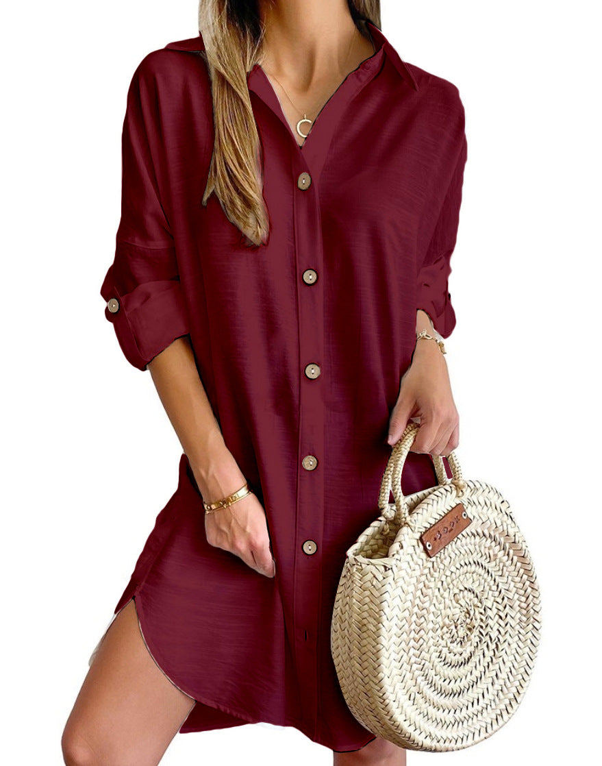 Autumn Casual Long Sleeve Lapel Button Shirt Dress - Women's Professional Style