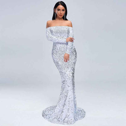 Sexy Strapless Long Sleeve Sequins Party Evening Dress
