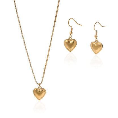 Lxalry 18K Gold Plated Stainless Steel Puffy Heart Pendant Necklace And Earrings Set For Women - Waterproof, Hypoallergenic, Cute Jewelry Gift For Birthday, Anniversary, Daily Wear, Summer Outfits - DropOnline.co