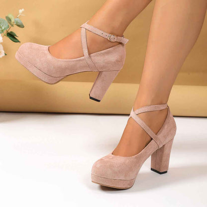 Shallow High-heel Chunky Heel Suede Cross-strap Women's Shoes