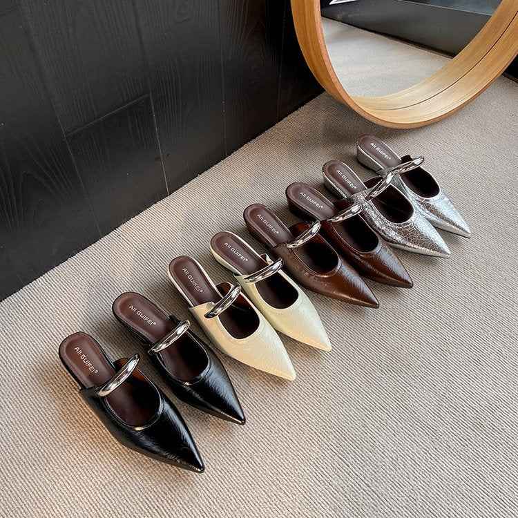 Pointed Toe Slip-on Mule Sandals With Chunky Heels