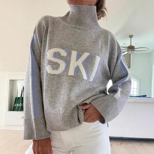 Womens Loose Fit High Neck Letter Sweater