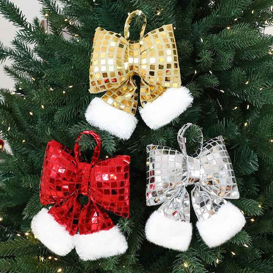 Sequined Mirror Bow Christmas Tree Decoration - Sparkle Ornament (3 Sizes, 3 Colors) - DropOnline.co