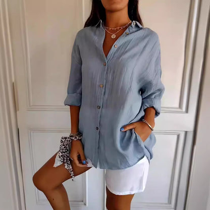 Women's Lapel Long Sleeve Shirt - Single-Breasted Pleated Button-Up - DropOnline.co