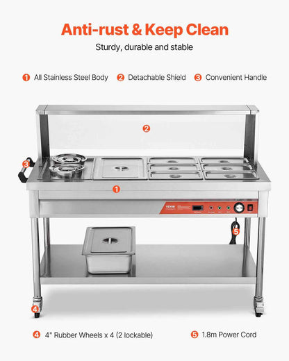 7 Pans + 2 Pots Commercial Food Warmer Steam Table With Undershelf Shield