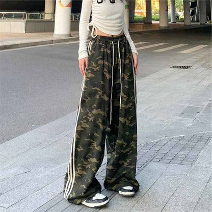 Striped Three-bar Color-block Camouflage Casual Draped Dance Sport Floor-length Trousers