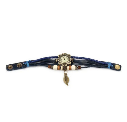Beautiful Bohemian Style Retro Handmade Leather Tree Leaf Women's Watches Blue - DropOnline.co